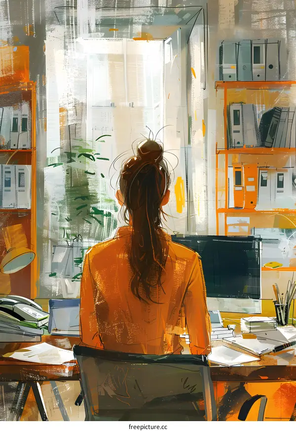 A woman is sitting in a chair in front of a desk looking out the window.