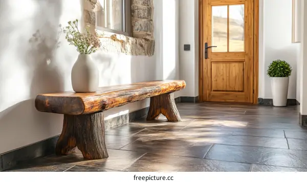 Rustic Wooden Log Bench in a Sunny Entryway