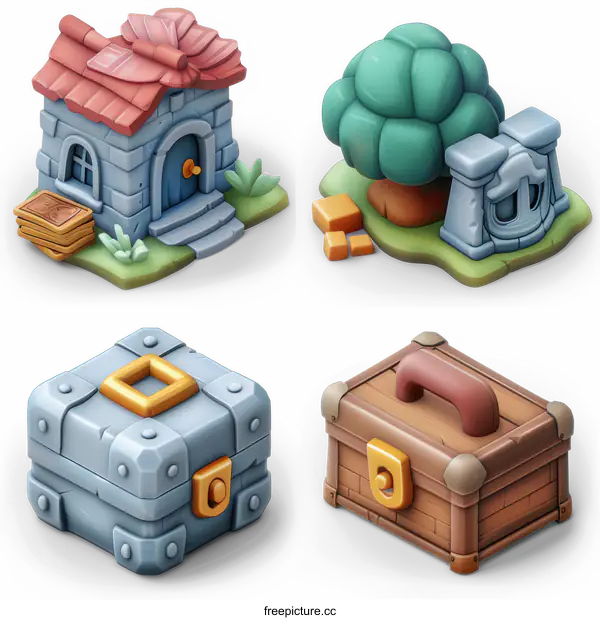 [Transparent Background PNG]Cute Fantasy Game Assets: Houses, Trees, Chests & More
