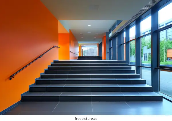Modern Orange and Blue Stairway in Minimalist Hallway