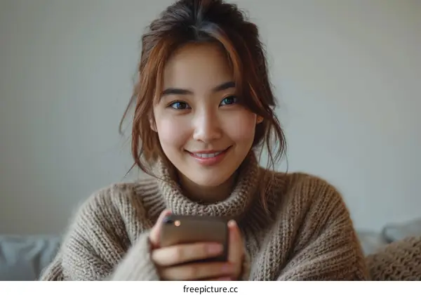 A young Asian woman is smiling while looking at her phone.