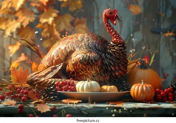 Thanksgiving dinner with roasted turkey, pumpkins, and autumn leaves