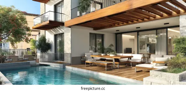 Modern Apartment Complex with Outdoor Pool and Deck