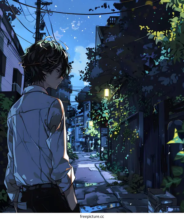 Anime Illustration Of A Man Walking Alone In A Narrow Street At Night