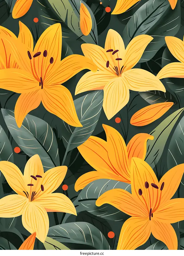 Yellow Lilies Seamless Pattern Illustration