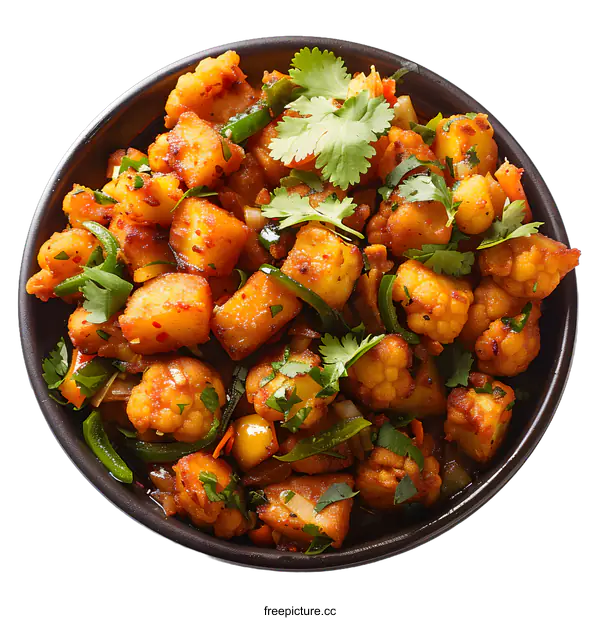 [Transparent Background PNG]Spicy fried cauliflower and potato in a black bowl