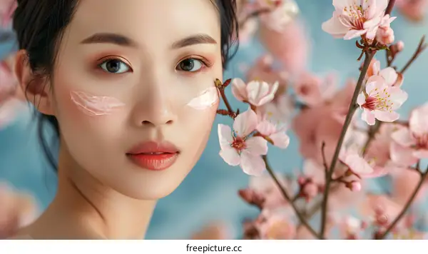 Woman with Pink Flowers in Hair and on Face