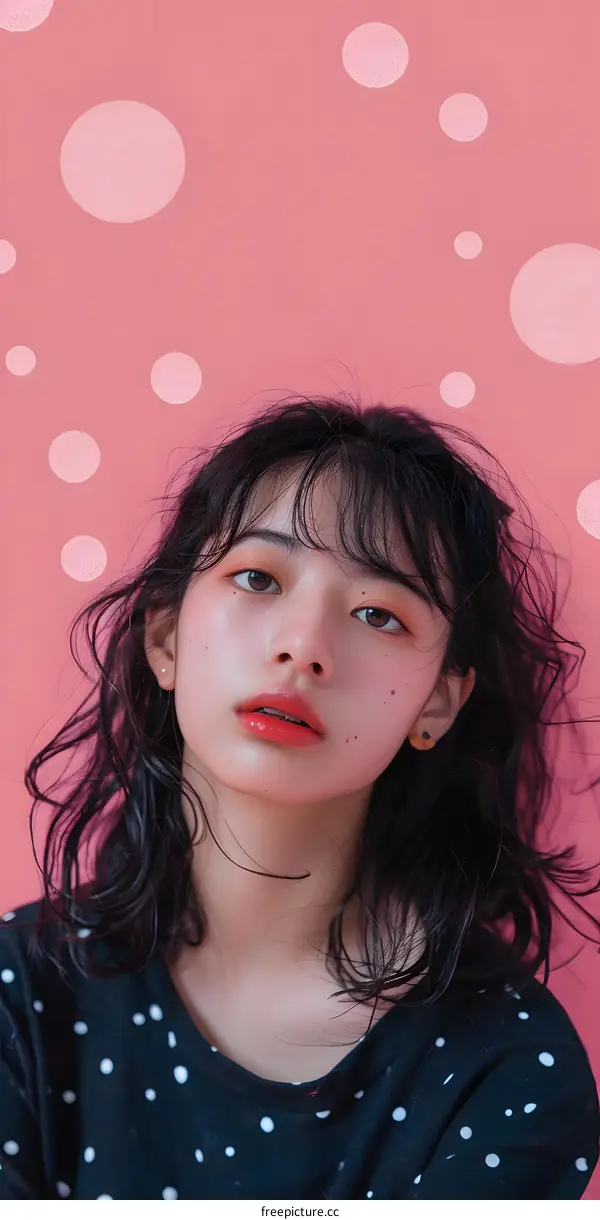 Portrait of a Young Asian Woman with Polka Dot Shirt in Front of a Pink Background