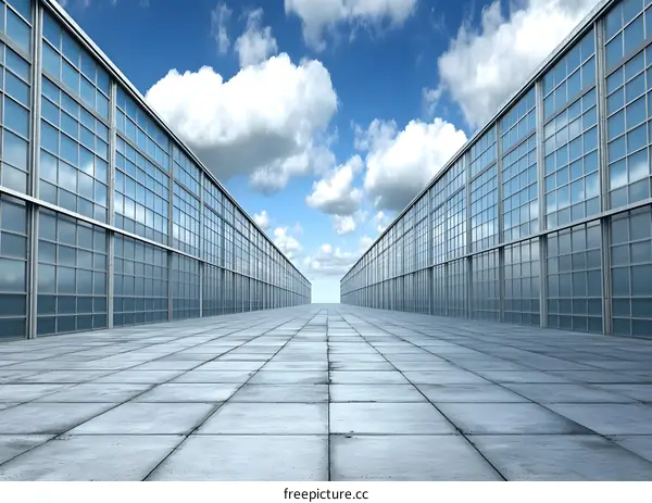 Perspective View of Modern Building Facade With Glass Panels