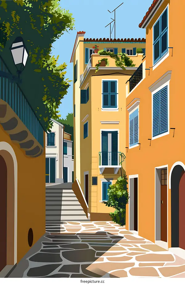 Illustration of a European City Alleyway With Yellow Buildings and Cobblestone Pavement