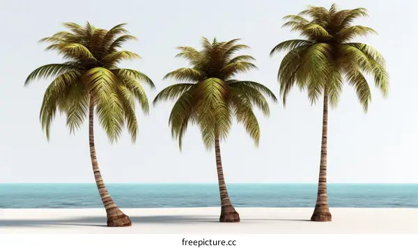 Three palm trees on a beach with white sand and blue ocean