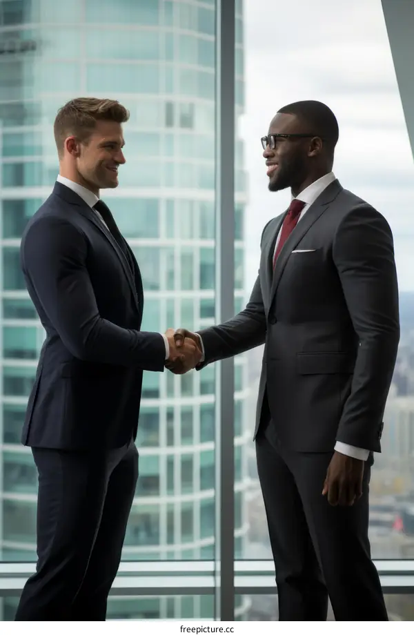 Two businessmen of different ethnicities shaking hands in an office with a large window in the background
