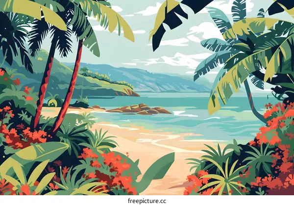 Tropical Beach Landscape with Palm Trees and Ocean