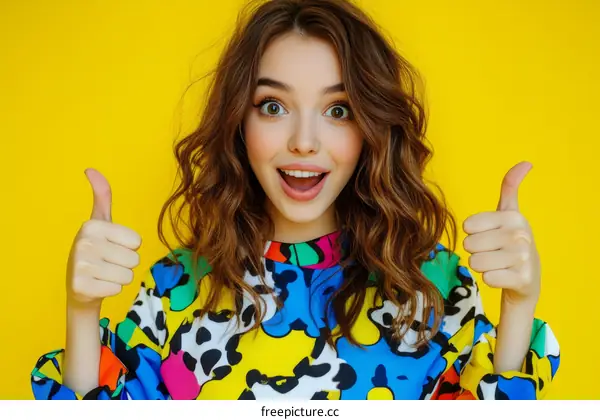 Young Woman with Colorful Pattern Top Giving Thumbs Up