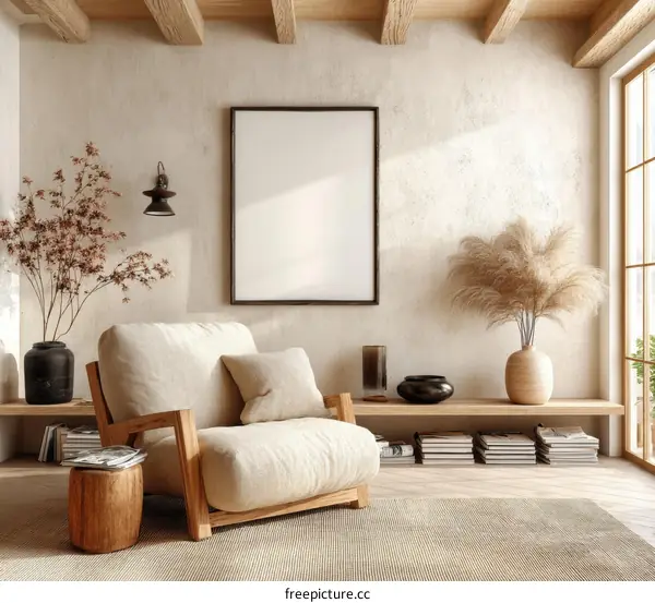 Modern Beige Living Room Mockup with Wooden Furniture