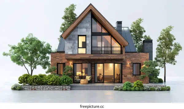 A modern two-story house with a brick exterior and a large glass window