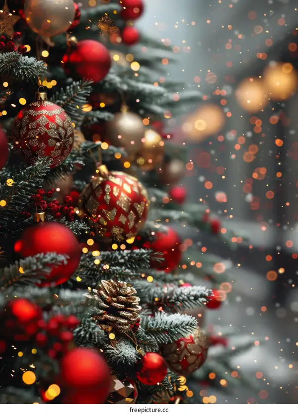 Festive Red Christmas Tree with Ornaments and Decorations