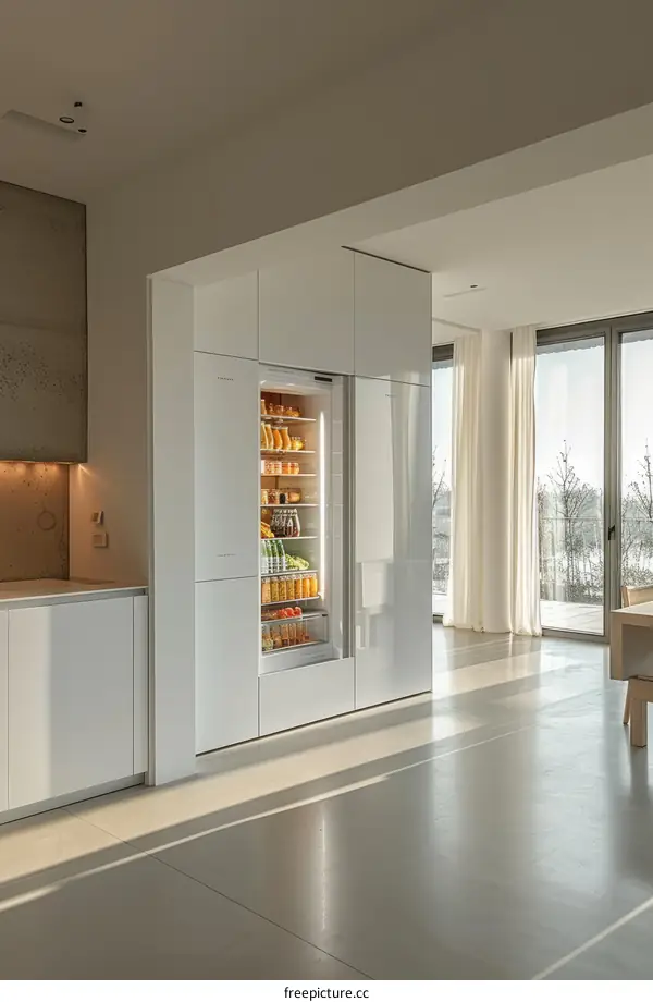 Modern White Kitchen with Glass-Front Refrigerator and Storage