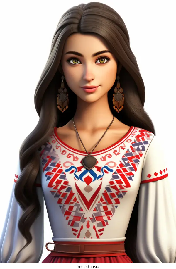 A beautiful young woman with long brown hair and green eyes wearing a traditional Romanian blouse