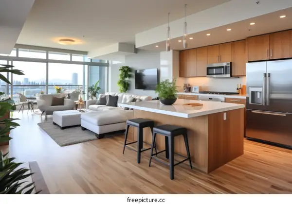 An open-concept living space with a modern kitchen and a large living area