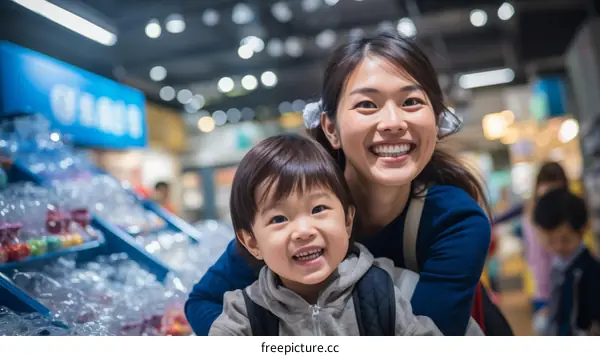 Happy Asian mother and son shopping together in a supermarket