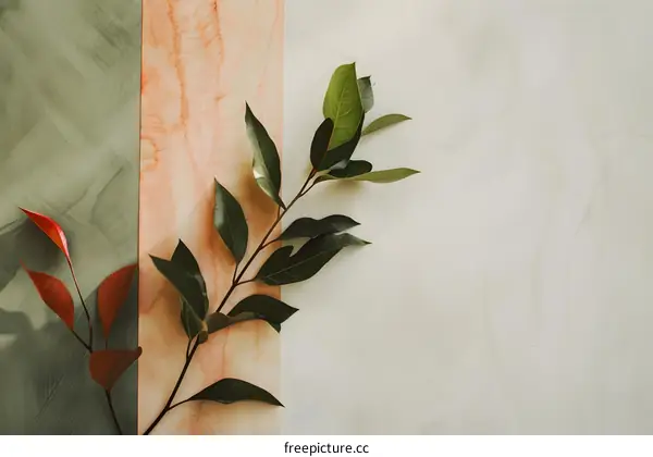 Green Leaves on a Peach and Green Background