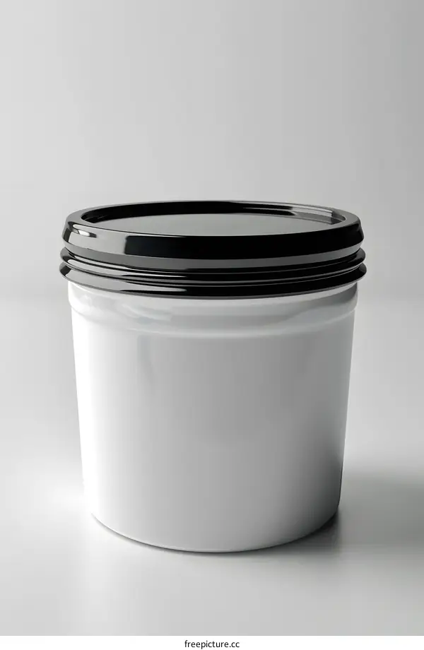 white round plastic bucket with black lid