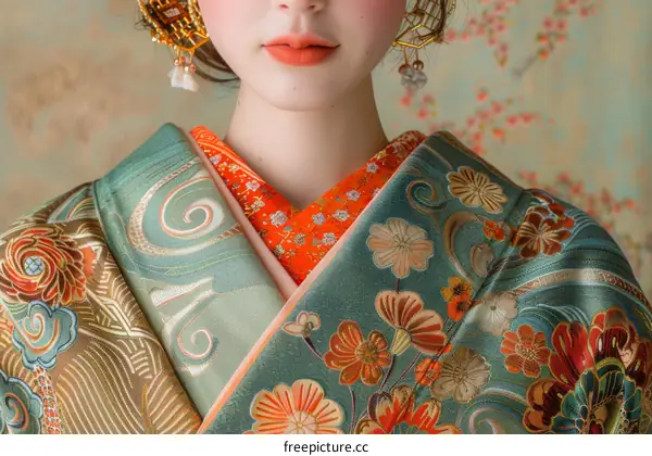 Close Up of a Woman Wearing a Traditional Japanese Kimono