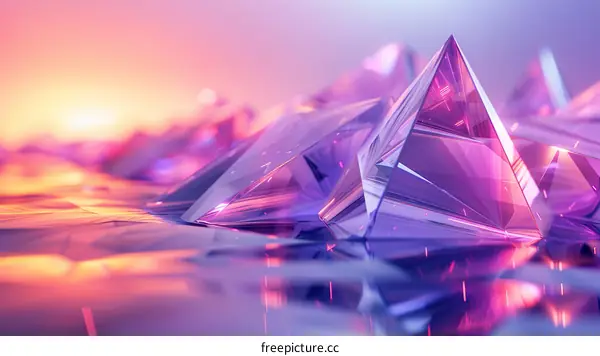 3D rendering of pink crystal pyramids on a pink and purple background