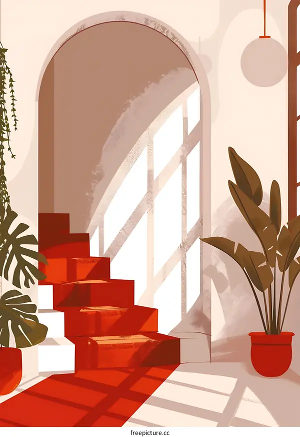 Abstract Staircase With Red Carpet And Sun Light