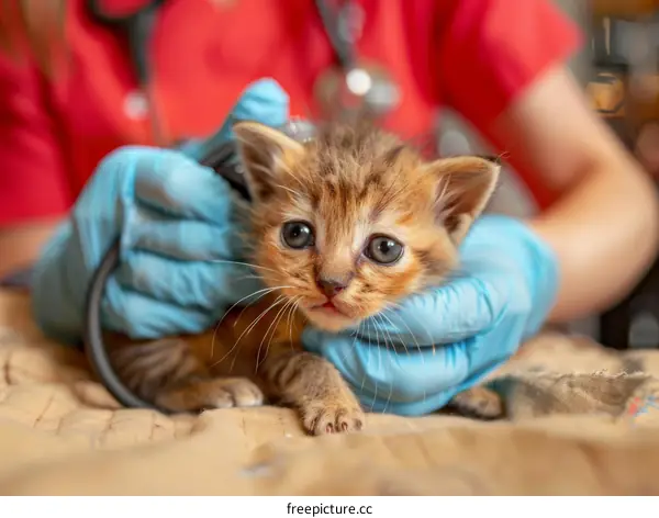 Close-up Of A Veterinarian Examining A Kitten With A Stethoscope