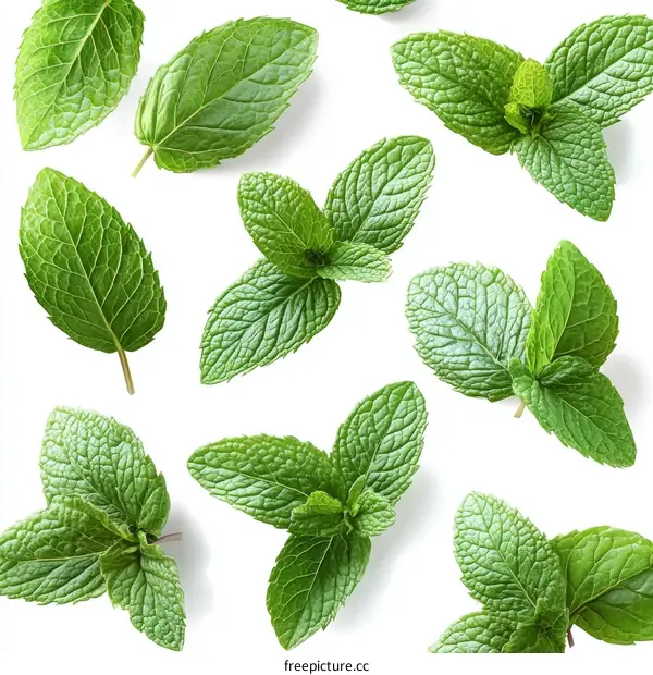 Fresh Mint Leaves Pattern on White Background