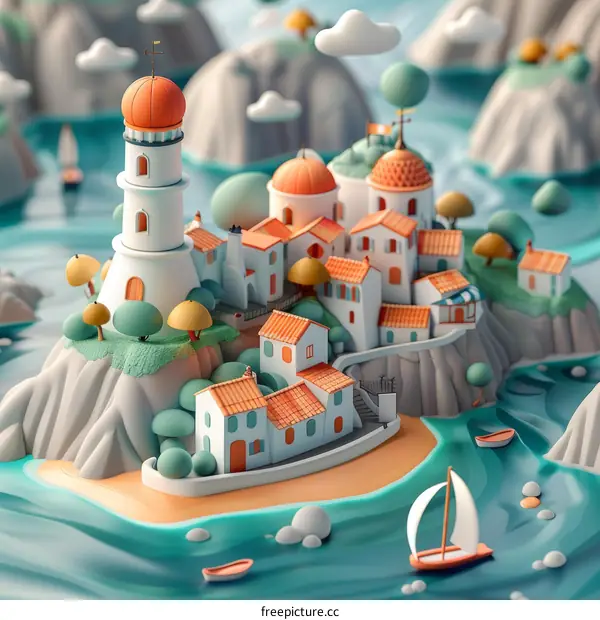 Isometric illustration of a small town on a rocky coast