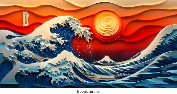 ukiyoe style illustration of a tsunami