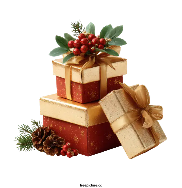 [Transparent Background PNG]Christmas Gift Boxes Stacked with Decorations