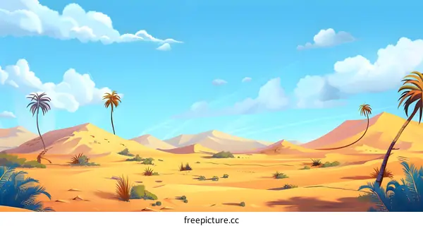 Desert Landscape with Palm Trees and Blue Sky