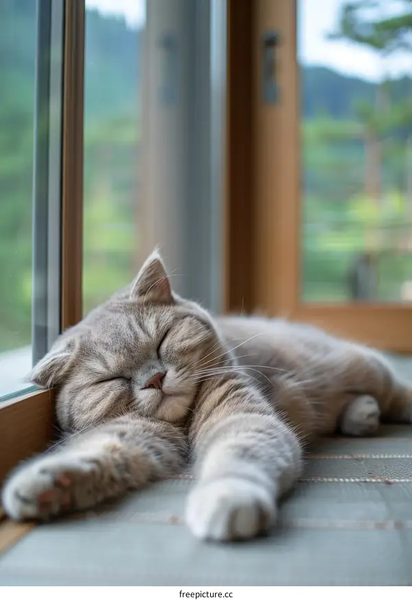 A cute gray cat is sleeping in front of the window