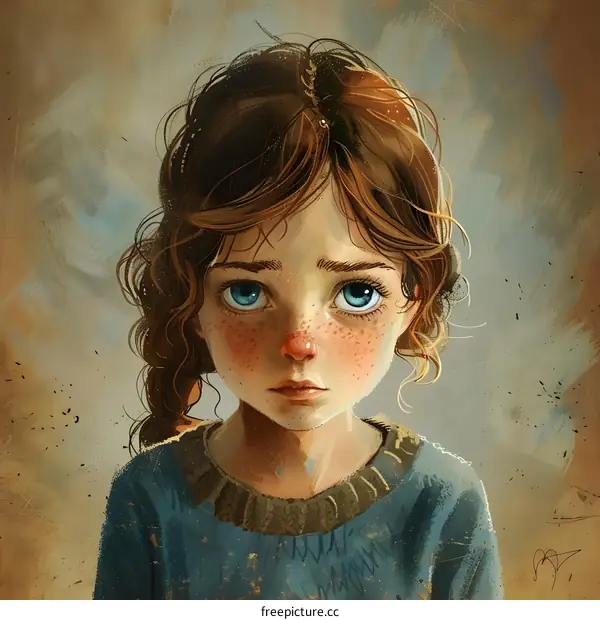 Portrait of a young girl with freckles and blue eyes