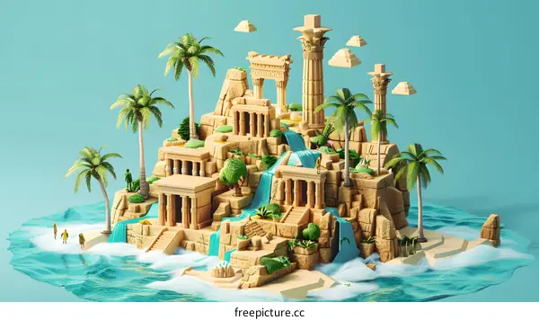 Island Temple with Palm Trees and Waterfalls