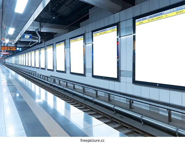 Empty Subway Station Platform with Blank Advertisements
