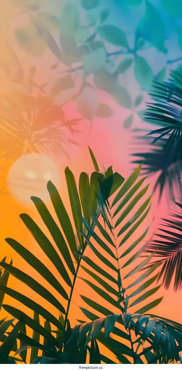 Tropical Sunset Palm Leaves Silhouette