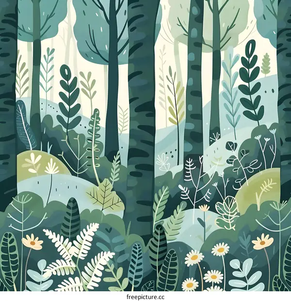 Green Forest Illustration Background With Daisies