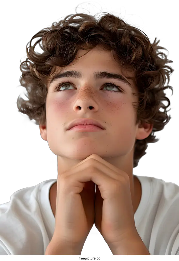 [Transparent Background PNG]Portrait of a Teenage Boy with Curly Hair Looking Up