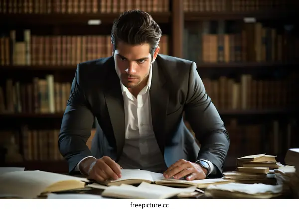 Young male student reading a book in a library