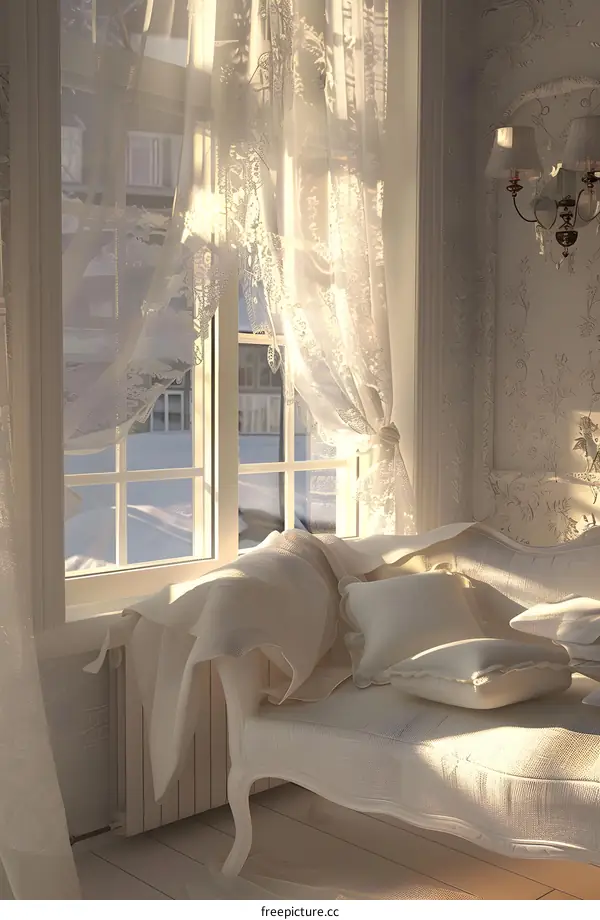White Lace Curtains with a Couch in a White Room