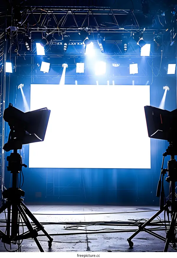 Empty Studio Stage With Lighting And Camera Equipment