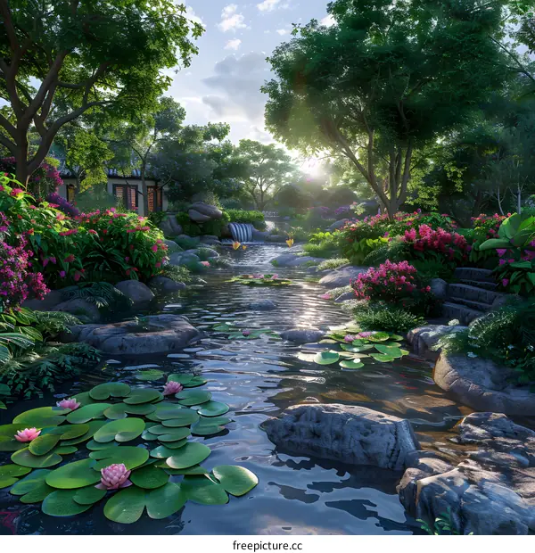 chinese style garden landscape with lotus pond and waterfall