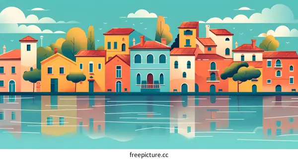 Waterfront Town with Colorful Buildings and Reflections in the Water