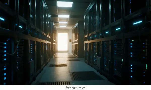 Interior of a modern data center with rows of server racks