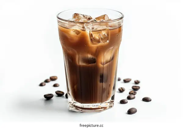 Iced coffee in a glass with scattered coffee beans